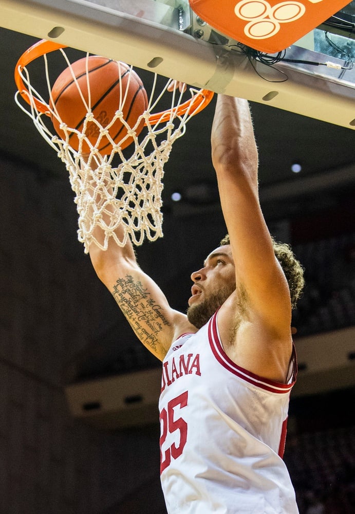 Indiana Race Thompson (25) scores during the Indiana versus St. Francis men's basketball game at Simon Skjodt Assembly Hall on Thursday, Nov. 3, 2022